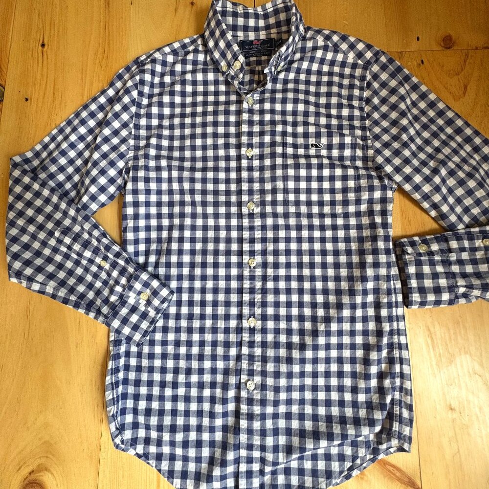 Men’s Vineyard Vines Tucker Shirt XS Slim Fit Blue White Gingham Cotton Button D